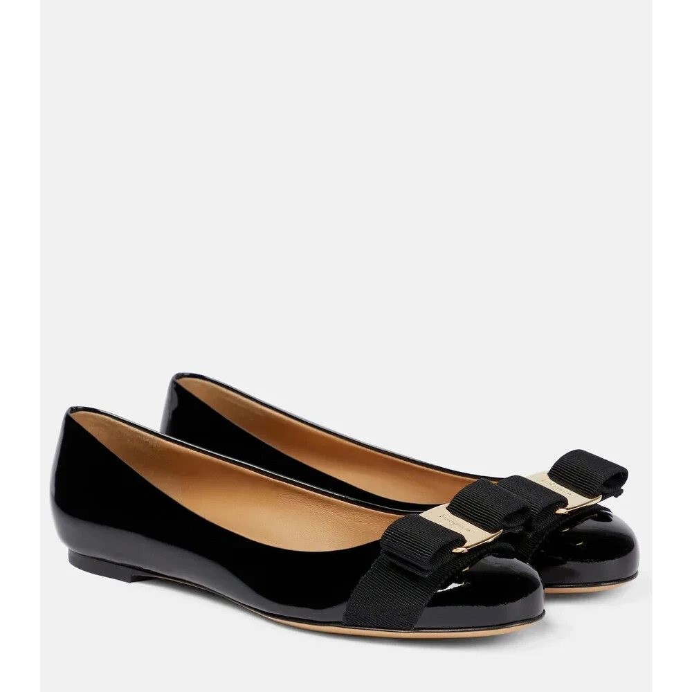 Ferragamo $780 Black Patent Leather Varina Ballet Flats Shoes - Sz 7.5 - 0803XL